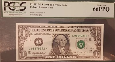 Error 1995  STAR NOTE $1 DOLLAR Misaligned Front & Back BILL S. F. PCGS 66 GEM - Image 1 of 4