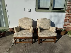 More details for vintage ercol pair of stained elm old colonial armchairs with original cushions