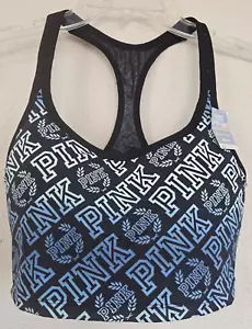 Victoria's Secret PINK NWT Black Blue Logo Ultimate Crop Sports Bra Size M ! - Picture 1 of 5