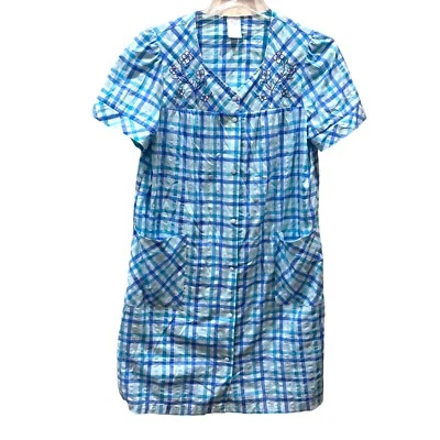 Abrigo de casa Secret Treasures para mujer talla S azul verdoso blanco a cuadros con plumero frontal a presión Foto 1 de 4