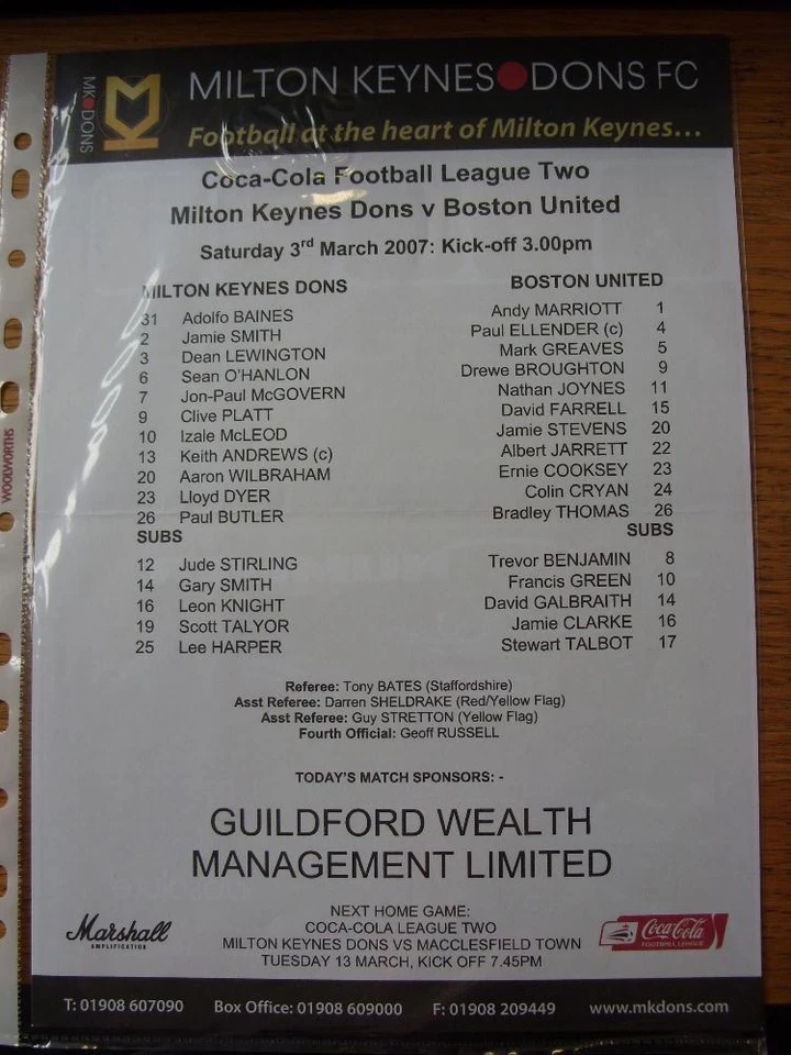 03/03/2007 Colour Teamsheet: Milton Keynes Dons v Boston United (folded) - Image 1 of 1