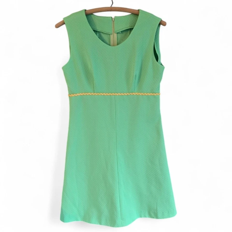 Vestido vintage para mujer sin mangas verde menta hecho a mano años 60/70 con ribete amarillo Foto 1 de 4