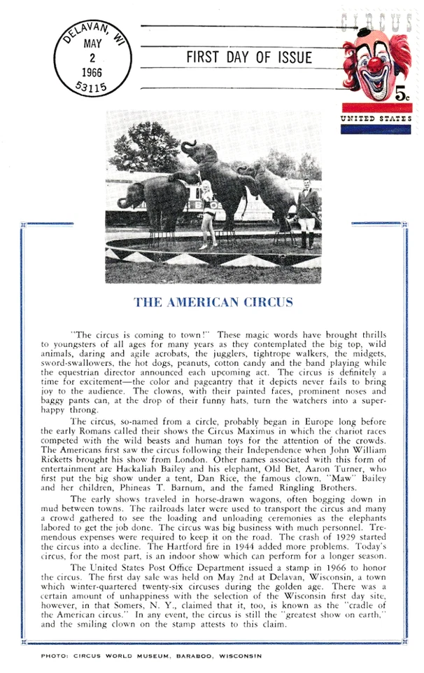 Hammond Maxi Card First Day FDC #1309 American Circus Entertainment Clown 1966 - Image 1 of 1