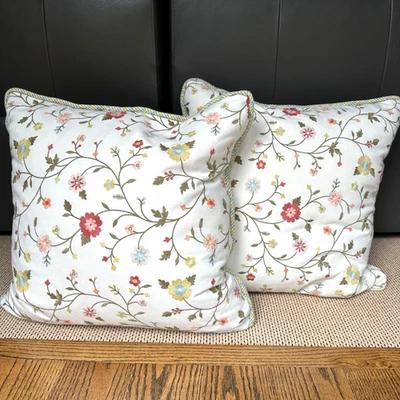 Pair of Beautifully Embroidered 22" Square Custom Floral Pillows High End GUC - Image 1 of 4