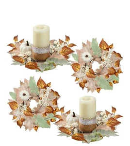 Neu 4 Stück Herbst Deko Kerzenhalter Set mit Herbstblättern und weißen Kürbissen - Bild 1 von 7