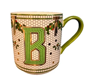 Neu mit Etikett ~ Anthropologie Weihnachten Kaffeebecher Gold & grün Mosaik ~ Monogramm "B" - Bild 1 von 5