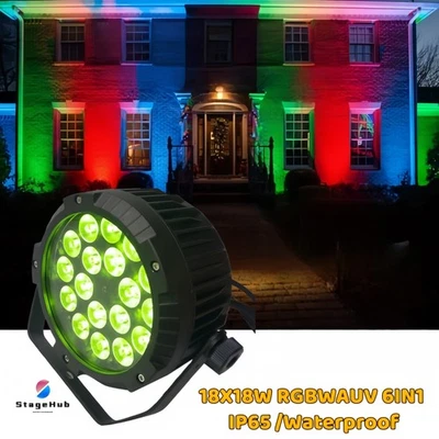 IP65 Waterproof DMX LED Flat Par Light 18x18W RGBWAUV Outdoor Stage DJ Uplights - Image 1 of 4