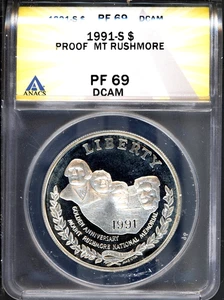 1991-S $1 Silver Mt Rushmore Dollar PF69DCAM ANACS # 7351542 + Bonus - Picture 1 of 2