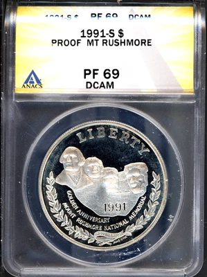 1991-S $1 Silver Mt Rushmore Dollar PF69DCAM ANACS # 7351542 + Bonus - Image 1 of 2