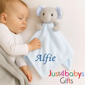 Personalised embroidered BLUE Elephant comforter gift security blankie 3 colour - Picture 1 of 5