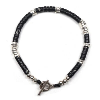 Pulseiras masculinas de prata esterlina 925 contas Heishi pretas turquesa - Imagem 1 de 4