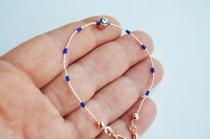 Simple Evil Eye Bracelet With Blue Seed Beads - Turkish Evil Eye Lucky Bracelet - Picture 1 of 4