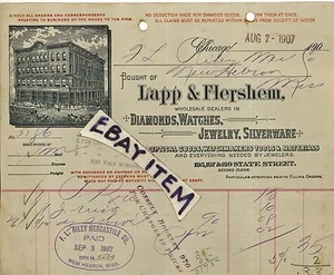 1907 billhead LAPP & FLERSHEM Chicago ILLinois DIAMONDS watches JEWELRY OpticaL - Picture 1 of 1
