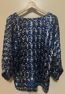 Vintage Flagg Petites Pailletten blau silber Zick-Zack Glitzer Bluse Top Party Damen - Bild 1 von 13
