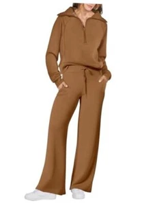  Women 2 Piece Outfits Sweatsuit Oversized Sweatshirt Sweatpants Medium Caramel - Picture 1 of 7