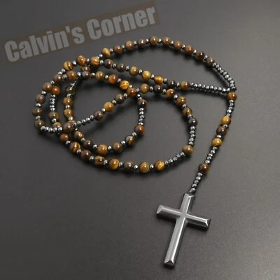 Tiger Eye Black Hematite Rosary Necklace Catholic Christ Cross Men Women Gift - Image 1 of 4