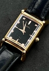 Vintage New 1992 FOSSIL Tank Mens 38mm Quartz Watch Gold Black Dial Leather - Picture 1 of 13