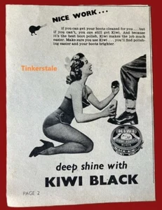 1956 glamouröse Kiwi schwarzer Stiefel polierte Werbung Frau auf den Knien Reinigungsschuhe - Bild 1 von 1