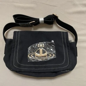 Vivienne Westwood Shoulder Bag Orb Gold Big Logo Beige Canvas Black Edgeware NEW - Picture 1 of 6