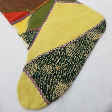 Lrg 18" Christmas Crazy Quilt Stocking Antique Handmade Crows Foot Stitching