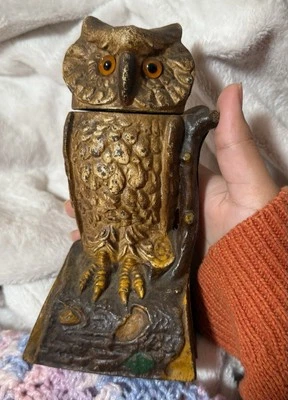  Vintag Cast Iron Owl Coin Bank, Reproduced from The Book of Knowledge, 7” - Image 1 of 4