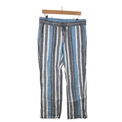 Ann Taylor 工厂亚麻混纺弹性腰条纹裤子,尺寸 M 灰色/蓝色 — 第 1/4 张图片
