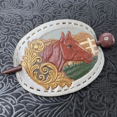 Leather Hand Painted Horse Theme Barrette Plastic Stick Slide Ponytail Holder - Image 1 of 4