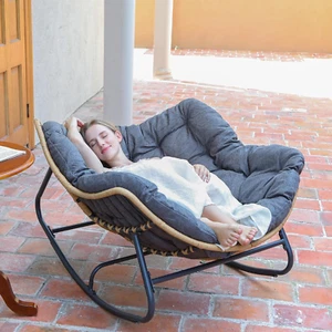 Outdoor Rocking Chair, Rattan Wicker Papasan Lounge Chair for Porch & Garden - Picture 1 of 12