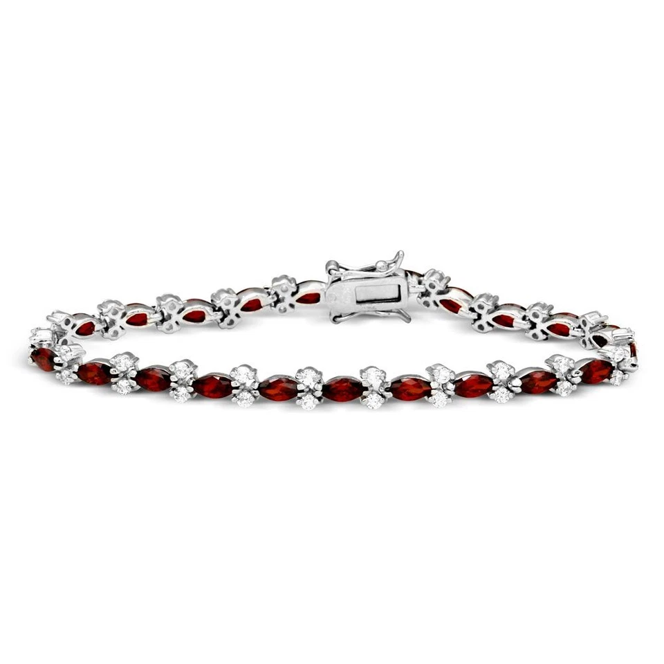 TENNIS BRACELET LAB SIMULATED DIAMONDS & RUBY 925 STERLING SILVER 7'' LONG  - Image 1 of 2