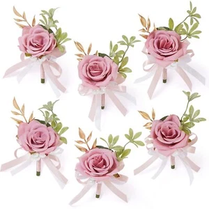 6pcs Pink Rose Boutonniere for Men Wedding Grooms Groomsmen Ceremony - Picture 1 of 6