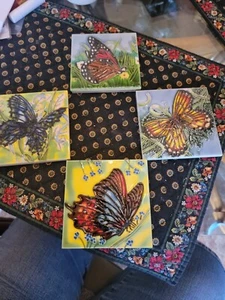 4 Butterfly W Flowers Art Tiles w Easels on Backs 4 x 4" - Picture 1 of 12
