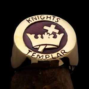 MENS BRASS TEMPLAR KNIGHTS RING CROSS AND CROWN SYMBOL RED SIZE 5 - Picture 1 of 7