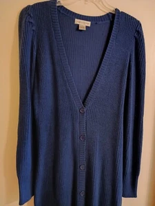 Newport News Medium Royal Blue Sweater Knit Cardigan Button Long V Neck EUC - Picture 1 of 5