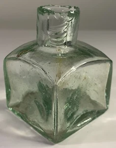 Antique Square Ink Bottle Aqua sheared small 2" tall burst top, shallow chip - Picture 1 of 9