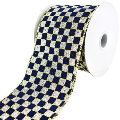 Glittered Checker Board Wired Ribbon, 4-inch, 10-yard, Navy Blue/Silver - Image 1 of 3