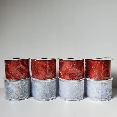 8 Roll Ribbon Lot Wired 2 In X 9 Ft Rolls Silver And Red Holiday Sparkle Glitter - Image 1 of 4