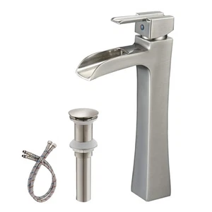 Brushed Nickel Vessel Sink Faucet Waterfall Bathroom Faucet Single Handle wit... - Picture 1 of 8