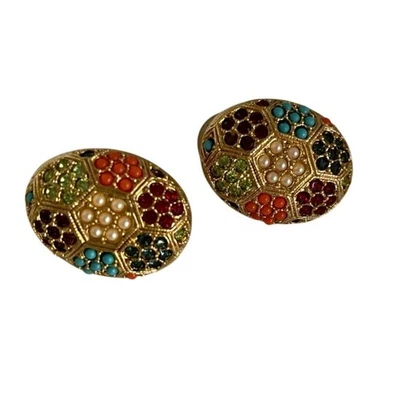 Pendientes con clip de mosaico multicolor vintage D’Orlan tono dorado redondos retroglam Foto 1 de 4
