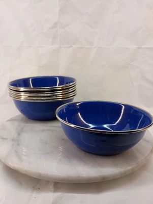 Lote de 8 tigelas de metal vintage azul esmaltado aro dourado salpicado branco 6 polegadas - Imagem 1 de 4