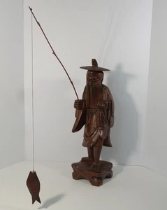 Handgeschnitztes Sammlerstück Holz chinesischer Fischer Vintage Statue/Figur 12" hoch - Bild 1 von 9