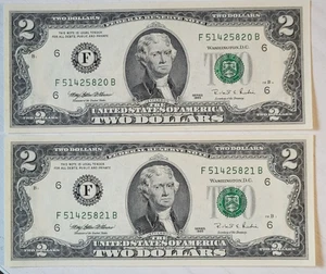 1995 USA Two Dollars UNC Series 1995 F Consecutive - Picture 1 of 2