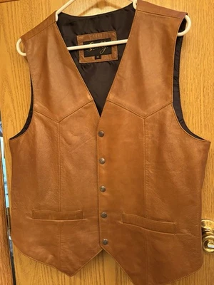Vtg Scully Leather Vest Men Med Lt Brown State Seal Oklahoma Snaps Pockets - Image 1 of 4