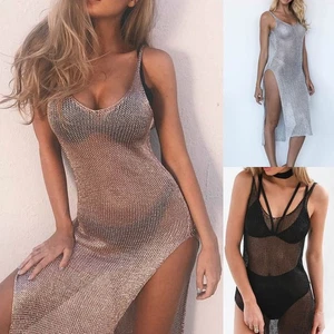 Knitted Swimsuit Bikini Cover Up Swimwear Women Mesh Beach Dress Sheer Cover Up - Picture 1 of 22