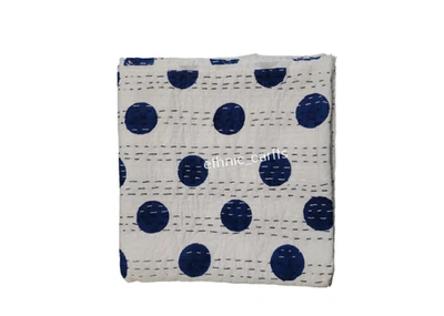 Blue Print Polka Dot Hand Block Cotton Queen Kantha Throw Reversible Bedspread - Image 1 of 4