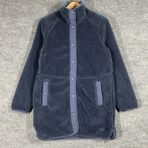 LL Bean Mountain Pile Sherpa Fleece Jacket Women’s M Long Coat Navy Blue Snap - Picture 1 of 16