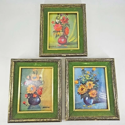 Set of 3 miniature MCM framed Mid Century Modern paintings flowers floral signed - Image 1 of 4