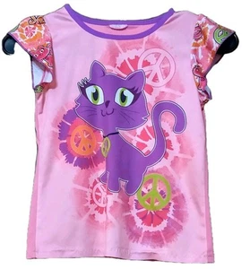 Girls Pink Cat Themed Summer Pajama Set Size 7/8 - Picture 1 of 2