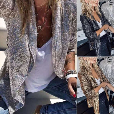 Women Glitter Sequin Blazer Suit Open Front Thin Jacket Party Outwear Club K - Image 1 of 4
