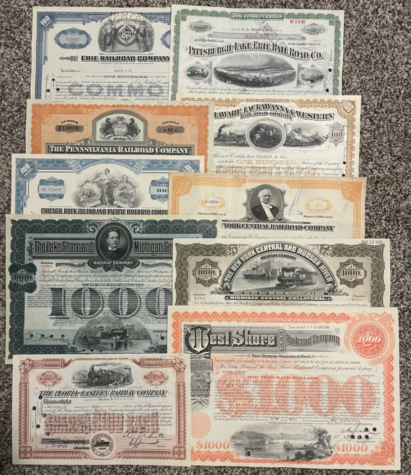 Lote de 10 Acciones Ferroviarias Diferentes y Certificados de Bonos Erie New York Central Foto 1 de 1