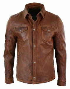 Chaqueta de cuero genuino de piel de cordero para hombre Camisa básica vintage ajustada Camisa de motociclista - Imagen 1 de 4